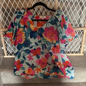 entro Floral V-Neck Blouse in Teal, Pink, Orange and Yellow